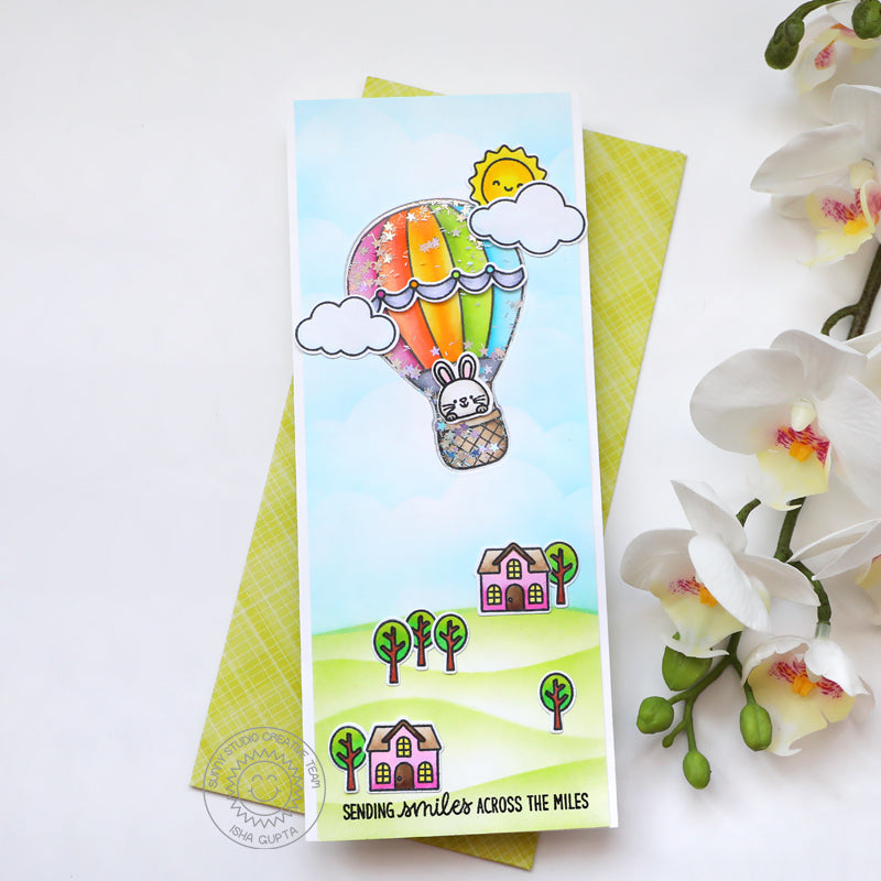 Sunny Studio Sending Smiles Across the Miles Rainbow Hot Air Balloon Slimline Shaker Card using Balloon Rides Clear Stamps