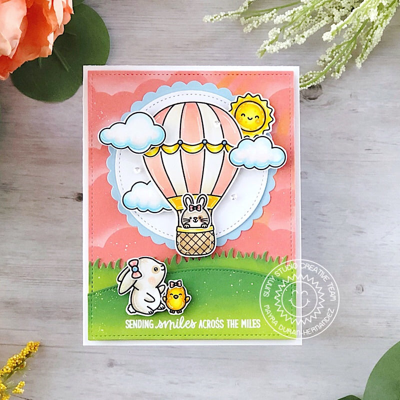 Sunny Studio Sending Smiles Across the Miles Chick & Bunny with Peach Hot Air Balloon Card using Balloon Rides Clear Stamps