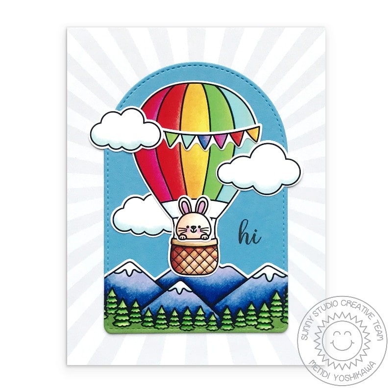 Sunny Studio Bunny in Rainbow Hot Air Balloon Soaring over Mountains, Clouds & Sunburst Card using Balloon Rides Clear Stamp