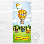 Sunny Studio Hot Air Balloon Flying over Neighborhood Houses with Tree Hills Card (using Country Scenes Clear Border Stamps)
