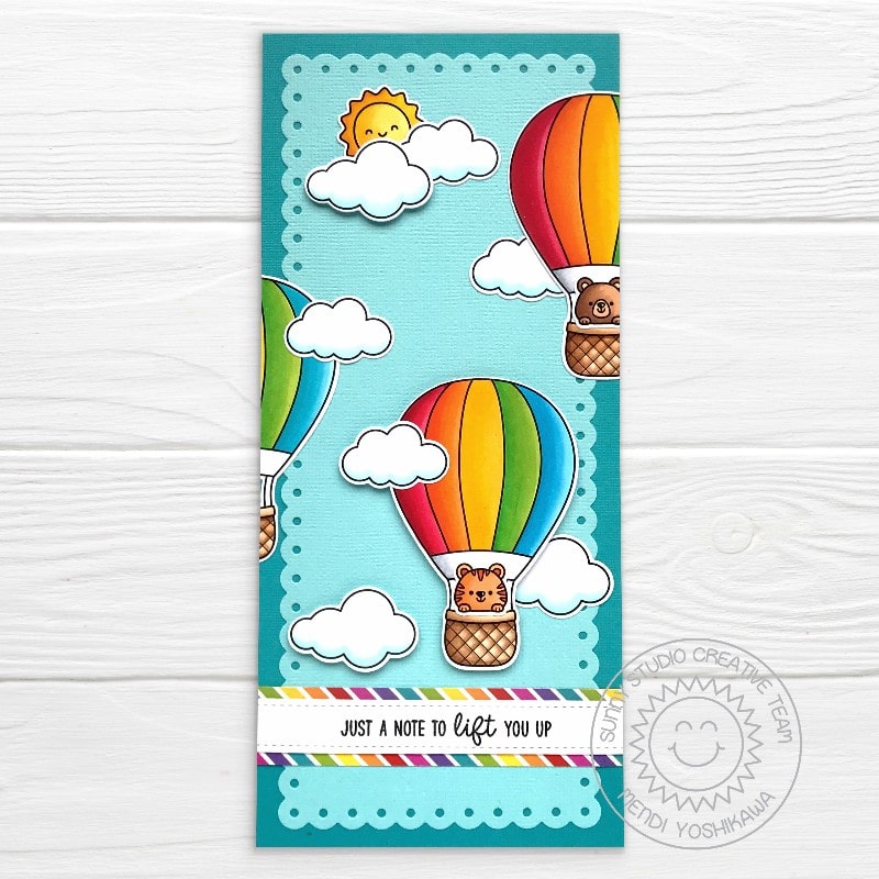 Sunny Studio Stamps Critter Riding Rainbow Air Balloon with Clouds & Sunshine Card (using Slimline Scalloped Frame Dies)