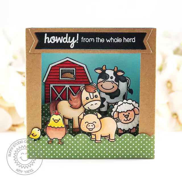 Sunny Studio Howdy From the Whole Herd Farm Animals Shadow Box Pop-up Card (using Barnyard Buddies 4x6 Clear Stamps)