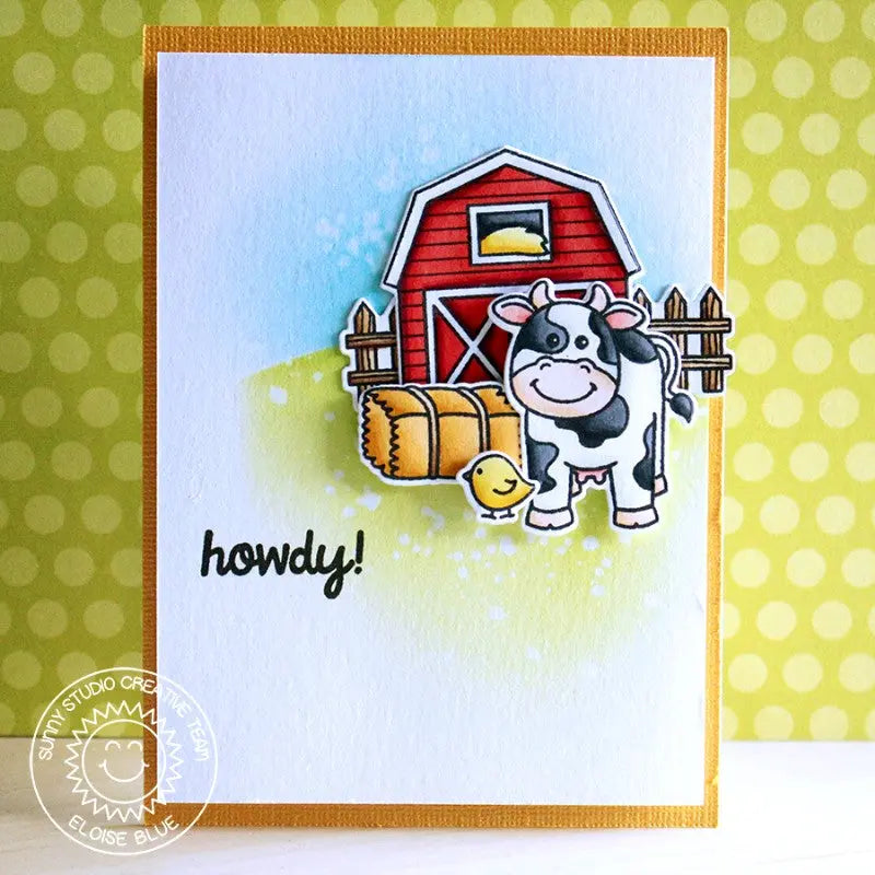 Sunny Studio Stamps Barnyard Buddies Howdy Cow with Red Barn Card