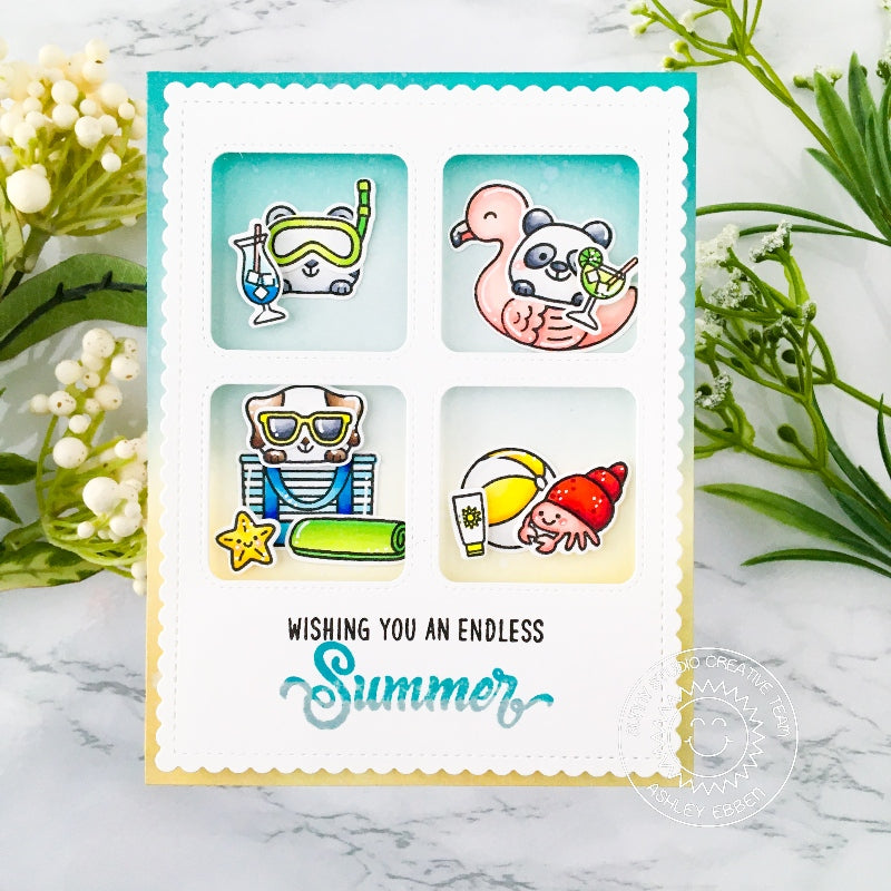 Sunny Studio Stamps Critters Playing At The Beach Grid Style Summer Card using Window Quad Square Metal Cutting Dies