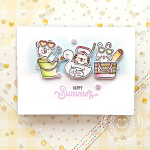 Sunny Studio Happy Summer Critters with Sand Bucket, Pool Float & Beach Bag Summer Card using Beach Buddies 4x6 Clear Stamps