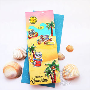Sunny Studio You Are My Sunshine Bears Sunbathing on the Beach Ocean Slimline Card (using Beach Buddies Clear Stamps)
