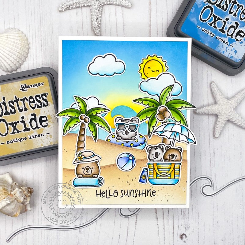 Sunny Studio Koalas and Bears with Palm Trees Hello Sunshine Summer Card (using Beach Buddies 4x6 Clear Stamps)
