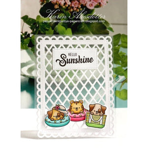 Sunny Studio Stamps Hello Sunshine Critters in Floaties & Beach Bag Clear Summer Card using Frilly Frames Lattice Cutting Die