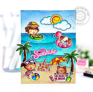 Sunny Studio Hello Sunshine Kids & Critters Colorful Summer Ocean Themed Card (using Beach Buddies Clear Stamps)