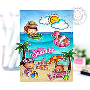 Sunny Studio Hello Sunshine Kids Playing in Sand & Ocean Waves Summer Card (using Beach Babies 4x6 Clear Stamps)
