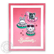 Sunny Studio Critters on Flamingo & Polka-dot Float Tubes Summer Card (using Beach Buddies 4x6 Clear Stamps)
