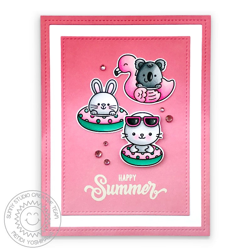 Sunny Studio Stamps Happy Summer Critters on Flamingo & Polka-dot Floaties Card using Stitched Rectangle Metal Cutting Dies