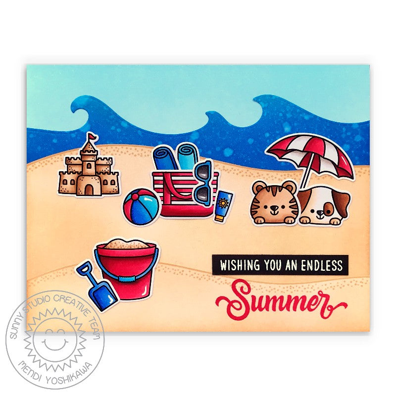 Sunny Studio Dog & Cat with Sand Castle, Umbrella, Bucket & Bag Summer Card using Beach Buddies Clear Photopolymer Stamps