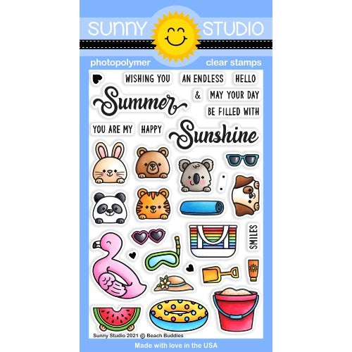 Sunny Studio Stamps Beach Buddies 4x6 Clear Photopolymer Rabbit, Bear, Tiger, Koala & Puppy Dog Summer Themed Stamps SSCL-296