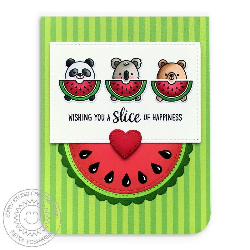 Sunny Studio Wishing You a Slice of Happiness Critters Eating Watermelon Summer Card (using Beach Buddies Clear Stamps)