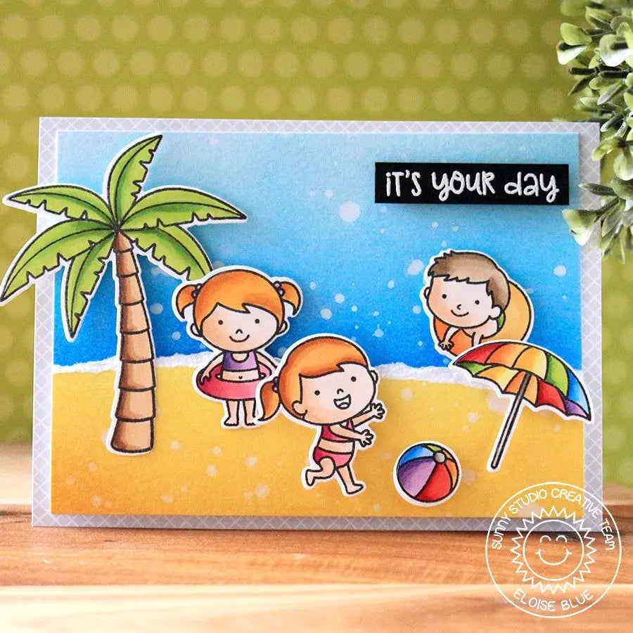 Sunny Studio Stamps Beach Babies Summer Swim Scene Summer Card by Eloise Blue
