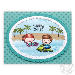 Sunny Studio Sunny Smiles Beach themed Summer Card featuring Fancy Frames Stitched Scallop Oval Dies