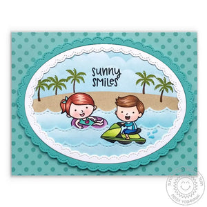 Sunny Studio Stamps Beach Babies Sunny Smiles Jet Ski Waves Scalloped Oval Card