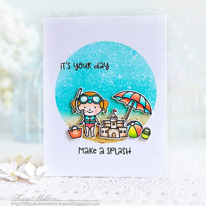 Sunny Studio Stamps Make A Splash Beach Babies Card with a scene within a circle frame