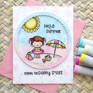Sunny Studio Stamps Beach Babies Card featuring the Fancy Frames stitched scallop circle dies