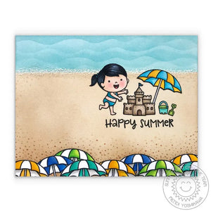 Sunny Studio Stamps Beach Baby Ocean Waves & Beach Umbrella Card with Sand Castle