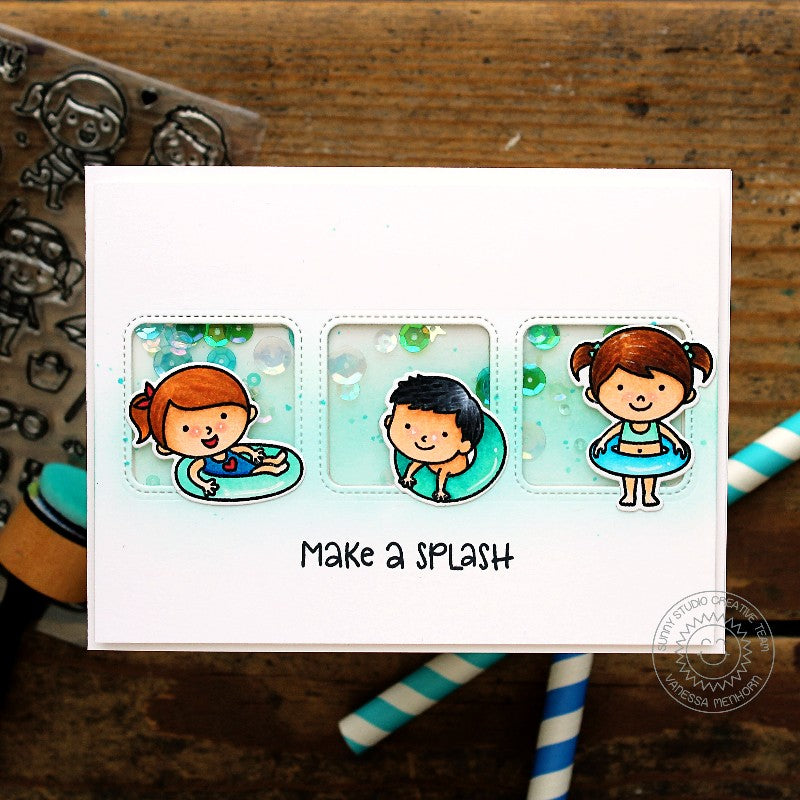 Sunny Studio Stamps Make A Splash Sequin Shaker Card (using Beach Babies Stamps & Window Trio Square dies)