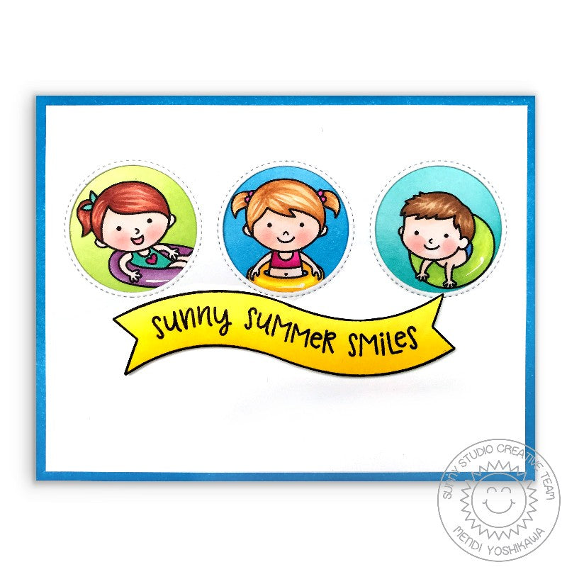 Sunny Studio Stamps Beach Babies Summer Smiles Floatie Card using Window Trio Circle Dies