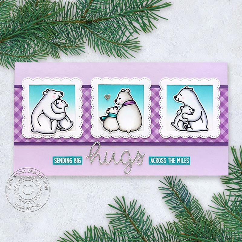 Sunny Studio Sending Big Hugs Across the Miles You Lavender Scalloped Frame Polar Card (using Bear Hugs 4x6 Clear Stamps)