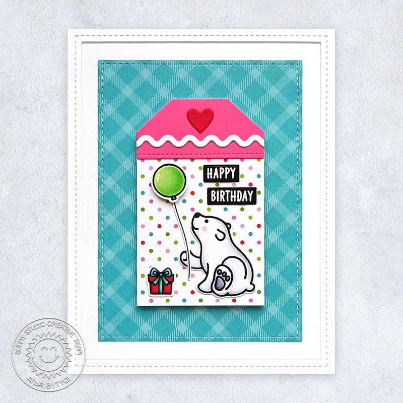 Sunny Studio Polar Bear with Balloon Gift Tag Birthday Card (using Bear Hugs 4x6 Clear Stamps)