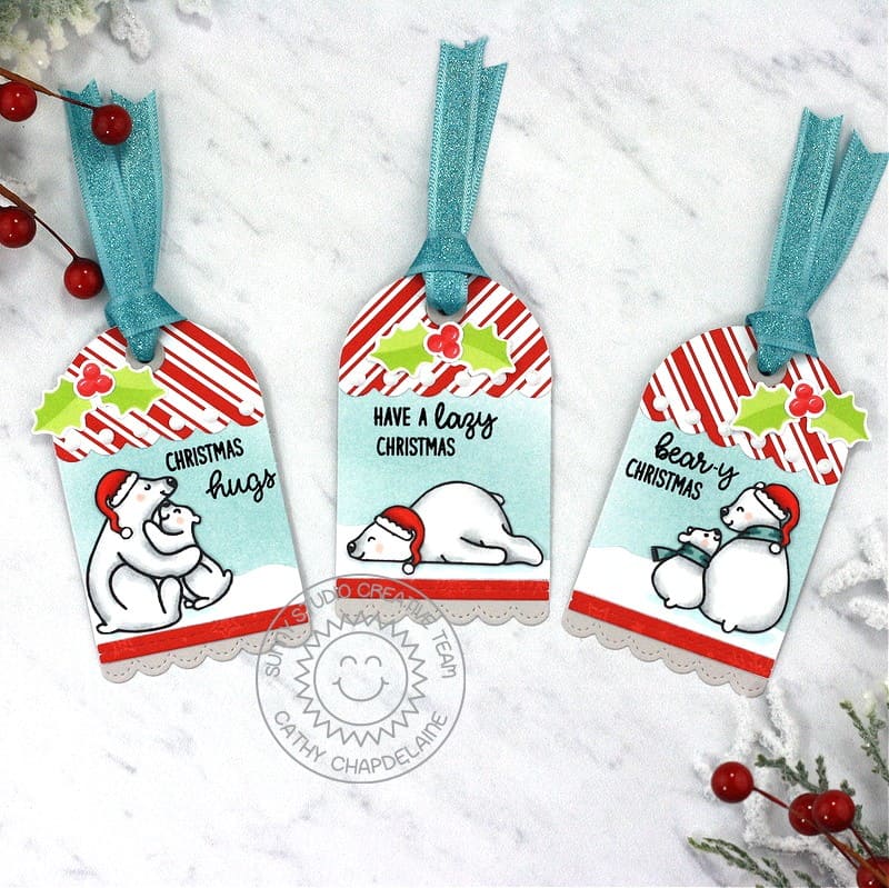 Sunny Studio Stamps Candy Cane Striped Polar Bear Punny Christmas Holiday Gift Tags using Mini Mat & Tag 2 Metal Cutting Die
