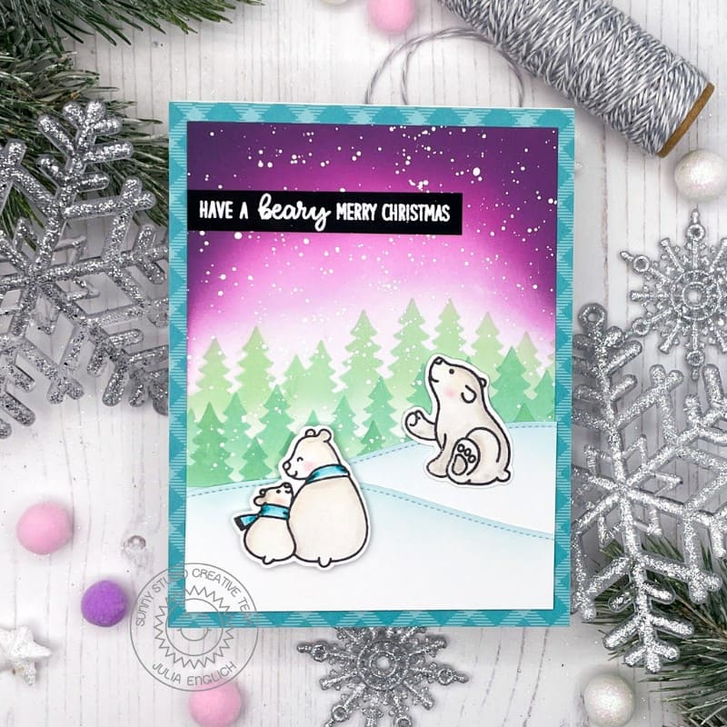 Sunny Studio Beary Merry Christmas Punny Polar Bears Winter Holiday Card (using Forest Trees Layered 3-piece Stencils)