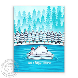 Sunny Studio Have A Lazy Christmas Sleeping Bear on Ice Block Winter Holiday Card using Forest Trees 6" Layered Stencils Set