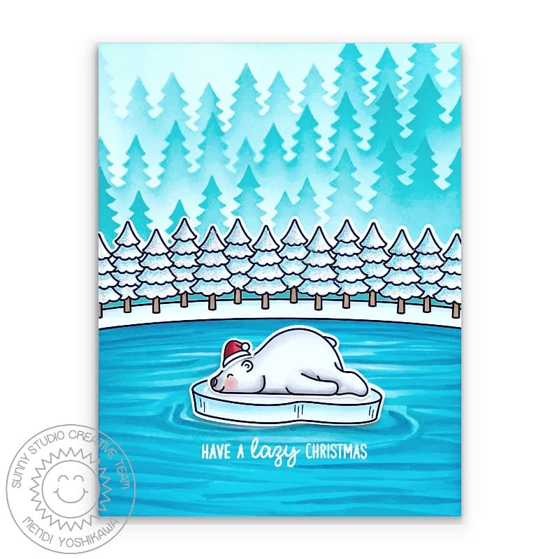 Sunny Studio Have A Lazy Christmas Sleeping Bear on Ice Block Winter Holiday Card (using Bear Hugs 4x6 Clear Stamps)