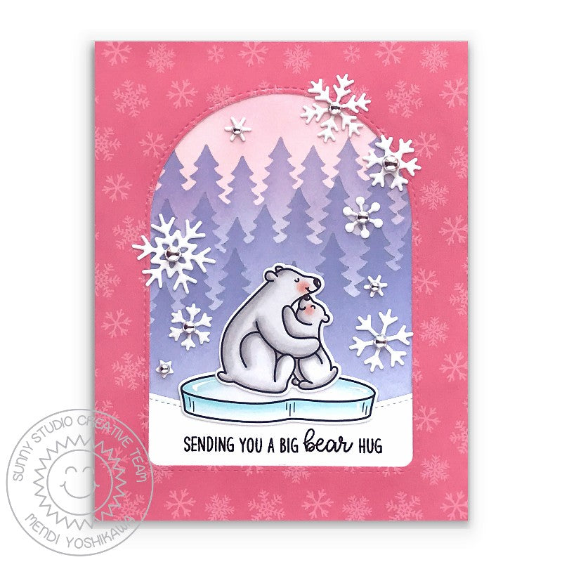 Sunny Studio Stamps Pink Snowflake Bear Hugs with Arch & Lavender Trees Winter Card (using Forest Trees 6" Stencils Trio Set)