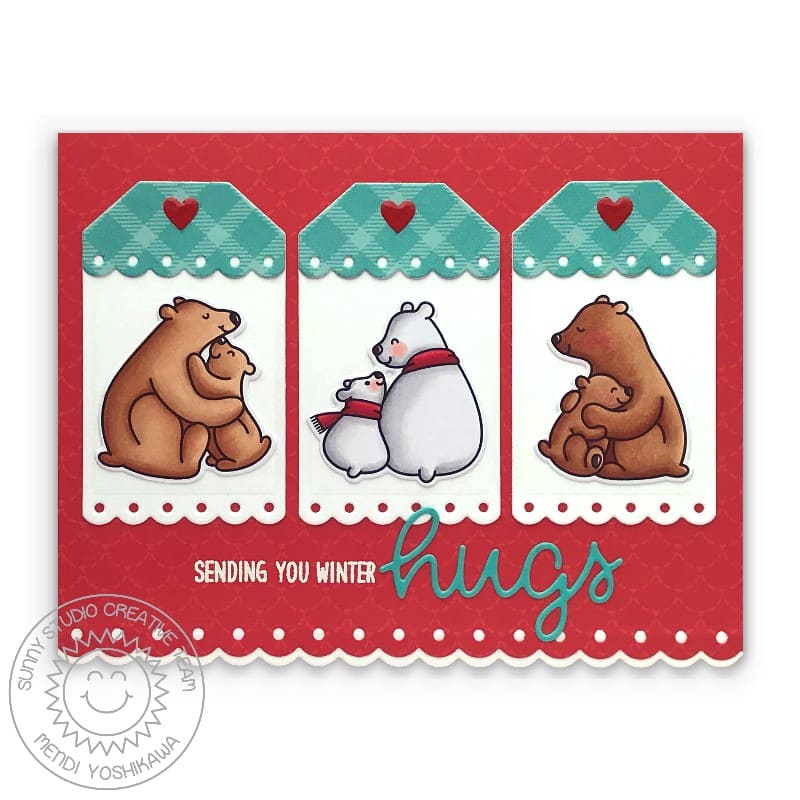 Sunny Studio Scalloped Gift Tag Trio Handmade Winter Card (using Bear Hugs 4x6 Clear Stamps)