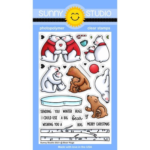 Sunny Studio Bear Hugs Winter Polar Bears with Birch Trees and Ice Block 4x6 Clear Photopolymer Stamp Set