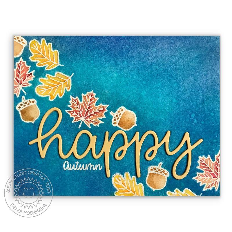 Sunny Studio Stamps Happy Autumn Fall Leaves Watercolor Card using Scripty Happy Word Die