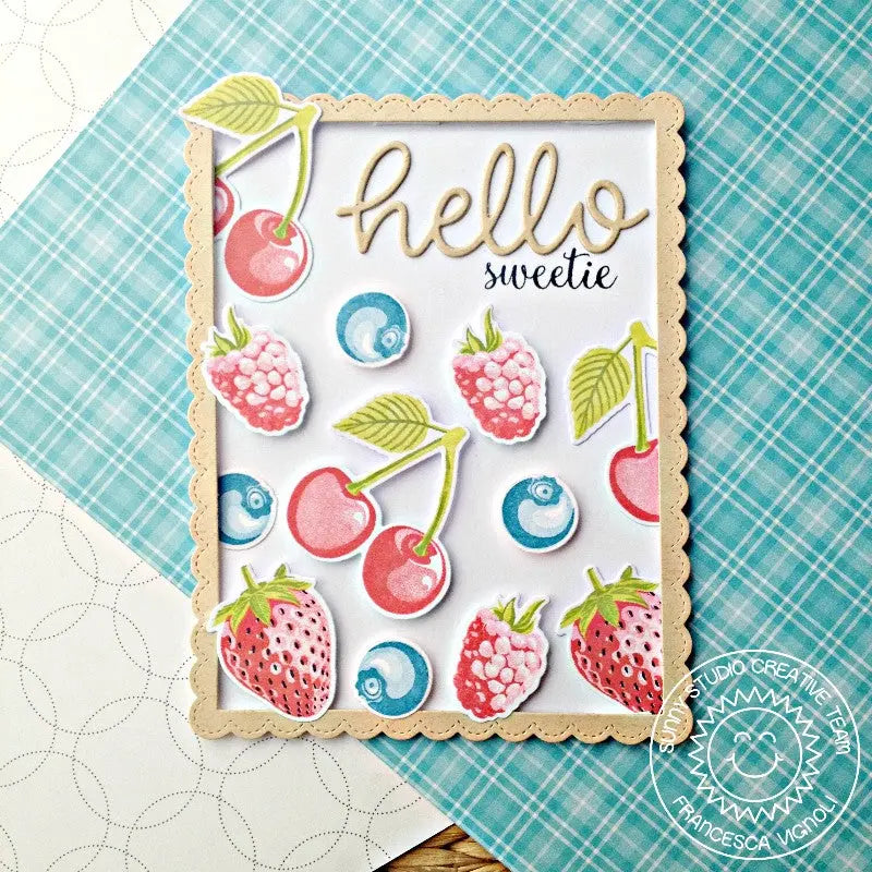 Sunny Studio Stamps Berry Bliss Cherries, Blueberries, Raspberries and Strawberries Pastel Card by Franci