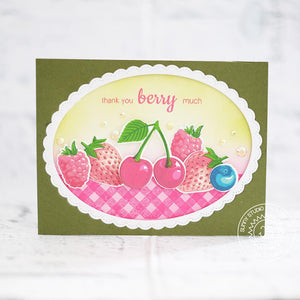 Sunny Studio Stamps Berries, Cherries & Fruit Card using Fancy Frames Stitched Scalloped Oval Dies