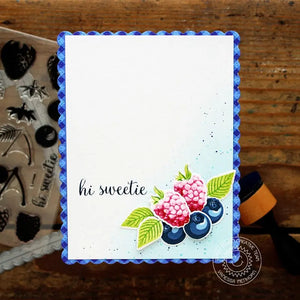 Sunny Studio Hi Sweetie! Raspberry & Blueberry Blue Gingham Scalloped Summer Card using Berry Bliss Clear Layering Stamps