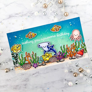 Sunny Studio Shark, Puffer, Fish, Crab & Octopus Ocean Birthday Card with Coral Border using Tropical Scenes 4x6 Clear Stamps