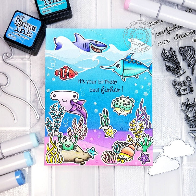 Sunny Studio Stamps Best Fishes On Your Birthday Lavender and Blue Ocean Themed Punny Card by Ana Anderson