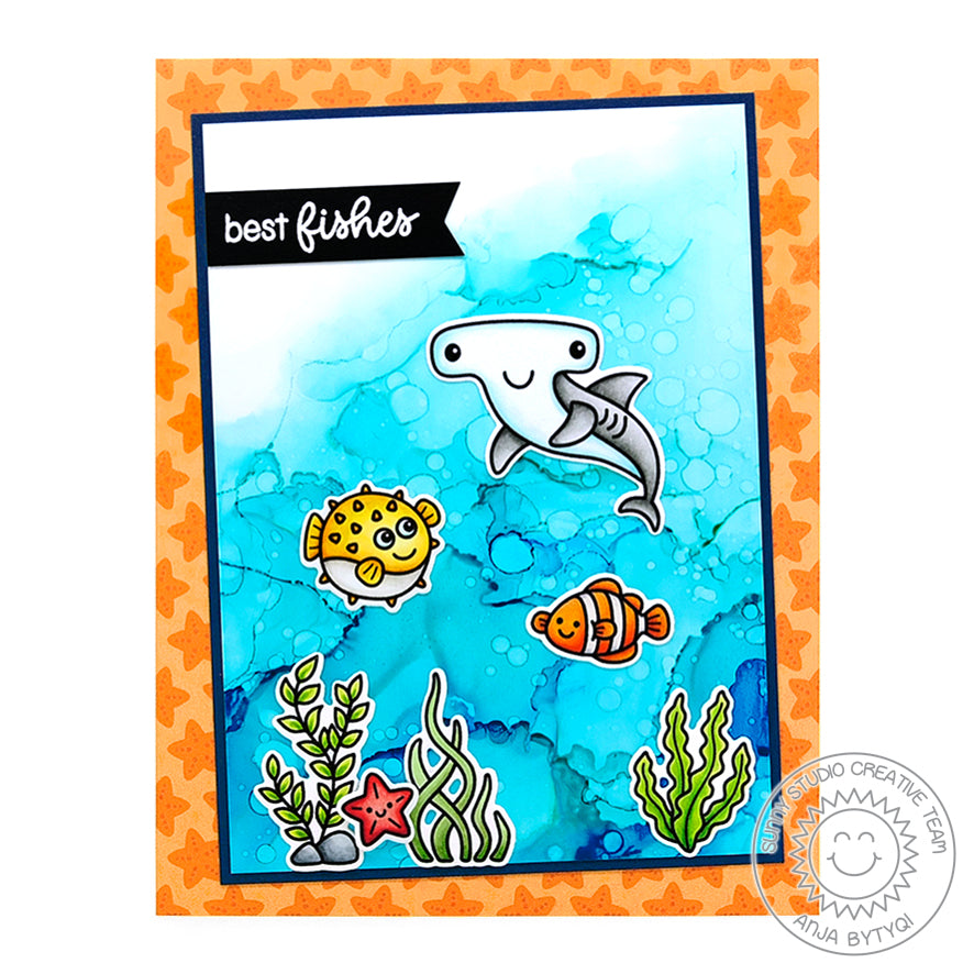 Sunny Studio Stamps Best Fishes Blowfish, Hammerhead Shark & Clownfish Ocean Card (featuring alcohol ink water background)