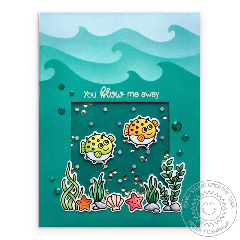 Sunny Studio Stamps Blowfish You Blow Me Away Shaker Card (using Catch A Wave Border Dies)