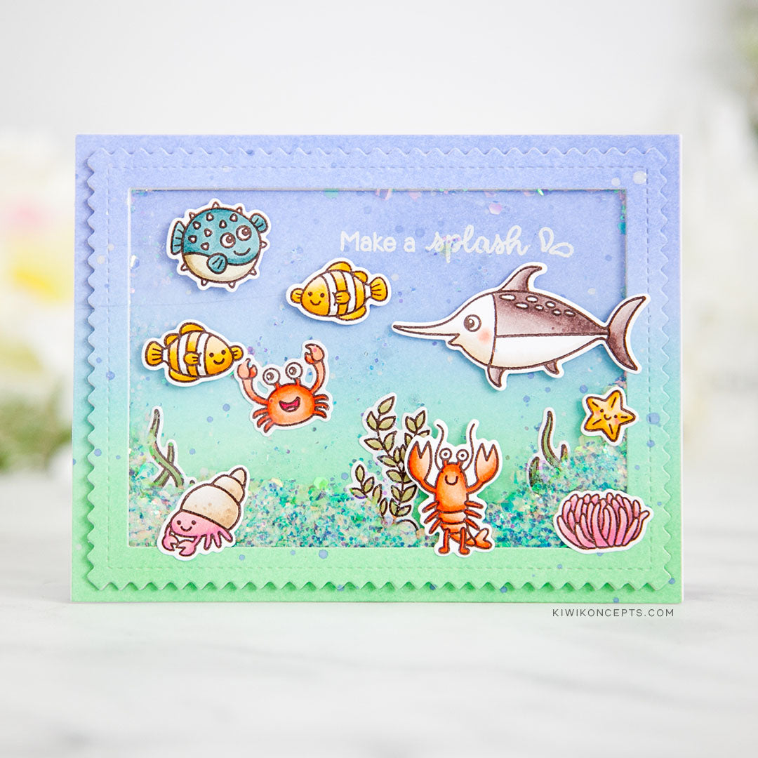 Sunny Studio Stamps Best Fishes Ocean Themed Shaker Card (using Frilly Frames Chevron Dies with ric rac edge)