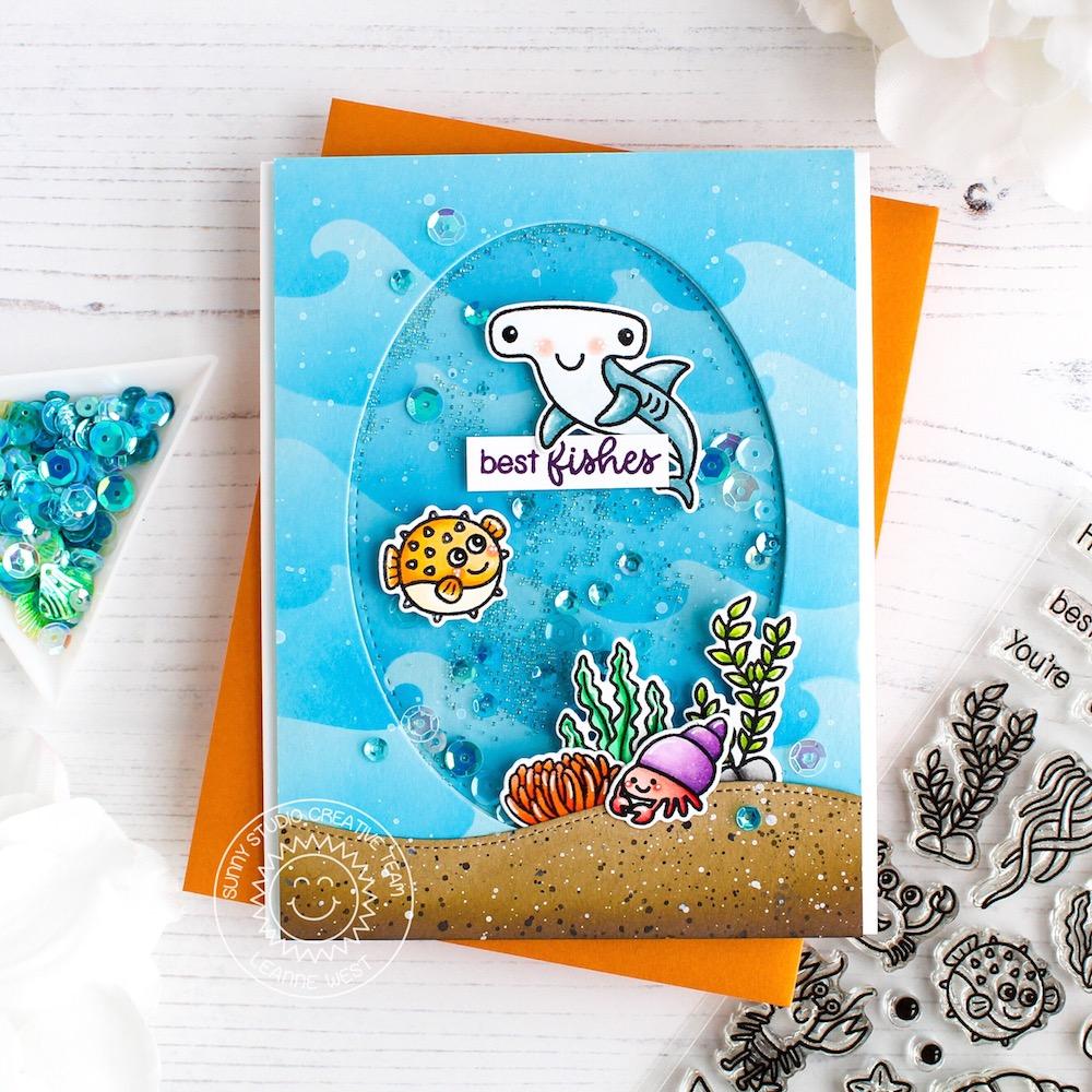 Sunny Studio Stamps Best Fishes Ocean Themed Shaker Card (using Catch A Wave Border Dies)