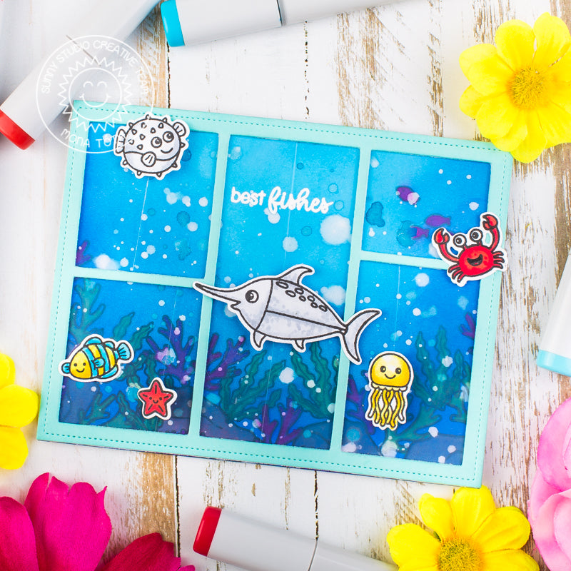 Sunny Studio Stamps Best Fishes Interactive Swaying Ocean Fish Card by Mona Toth (using invisible fishing line)