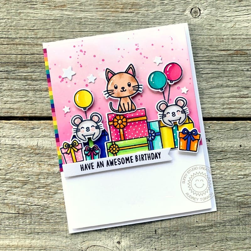 Sunny Studio Cat with Mice Girl's Birthday Party Card (using Bewitching 2x3 Clear Stamps)