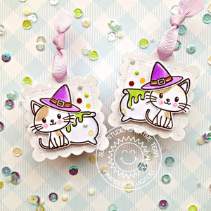 Sunny Studio Kitty Cat with Witch Hat and Cauldron Fall Scalloped Gift Tags (using Bewitching 2x3 Clear Stamps)