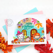 Sunny Studio Happy Autumn Fall Leaves Cat with Cauldron with Brick House Card (using Bewitching 2x3 Clear Stamps)